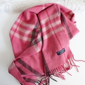 Burberry Pink Plaid Check 100% Cashmere Fringe Scarf